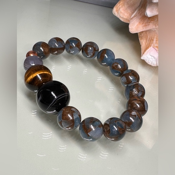 LAKE BLUE CLOISONNÉ JASPER + ONYX + TIGERS NATURAL STONES BRACELET size 7.5” - Picture 5 of 8